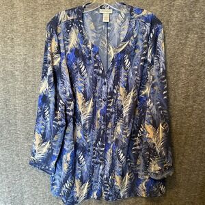 Catherines Blouse Womens Plus 1X 18/20W Blue Leaf Print Roll Tab Long Sleeve Top